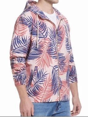 Weatherproof Vintage Pink and Blue palm Leaf-Print hooded windbreaker sz XXL